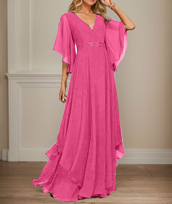 A-line V-Neck Floor-Length Chiffon Mother of the Bride Dress With Sequins Appliques Lace Beading
