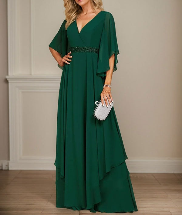 A-line V-Neck Floor-Length Chiffon Mother of the Bride Dress With Sequins Appliques Lace Beading