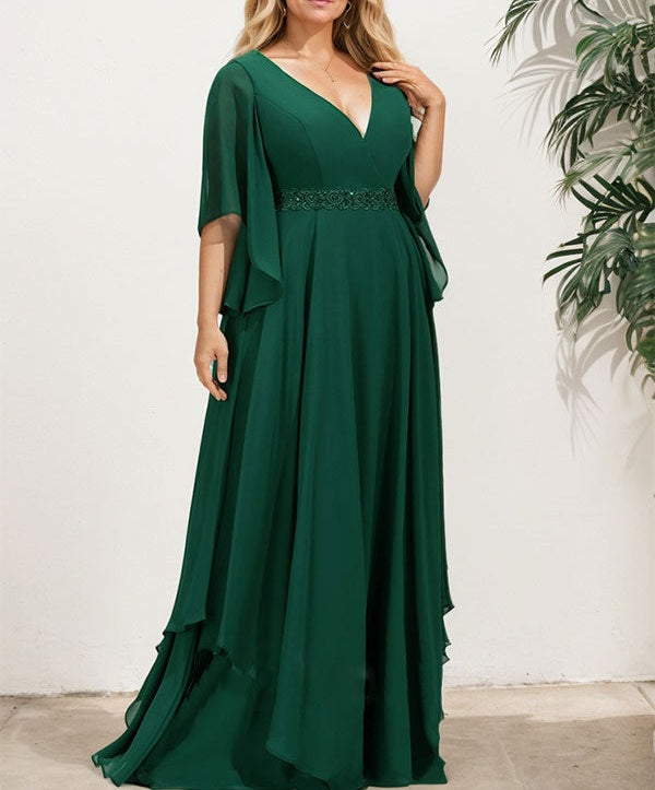 A-line V-Neck Floor-Length Chiffon Mother of the Bride Dress With Sequins Appliques Lace Beading