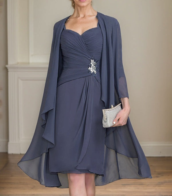 Sheath/Column Sweetheart Knee-Length Chiffon Mother of the Bride Dress With Beading Appliques Lace Sequins Pleated