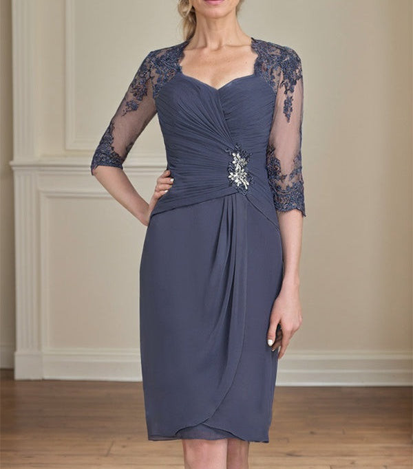 Sheath/Column Sweetheart Knee-Length Chiffon Mother of the Bride Dress With Beading Appliques Lace Sequins Pleated
