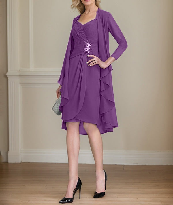 Sheath/Column Sweetheart Knee-Length Chiffon Mother of the Bride Dress With Beading Appliques Lace Sequins Pleated