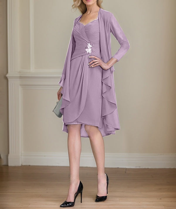 Sheath/Column Sweetheart Knee-Length Chiffon Mother of the Bride Dress With Beading Appliques Lace Sequins Pleated