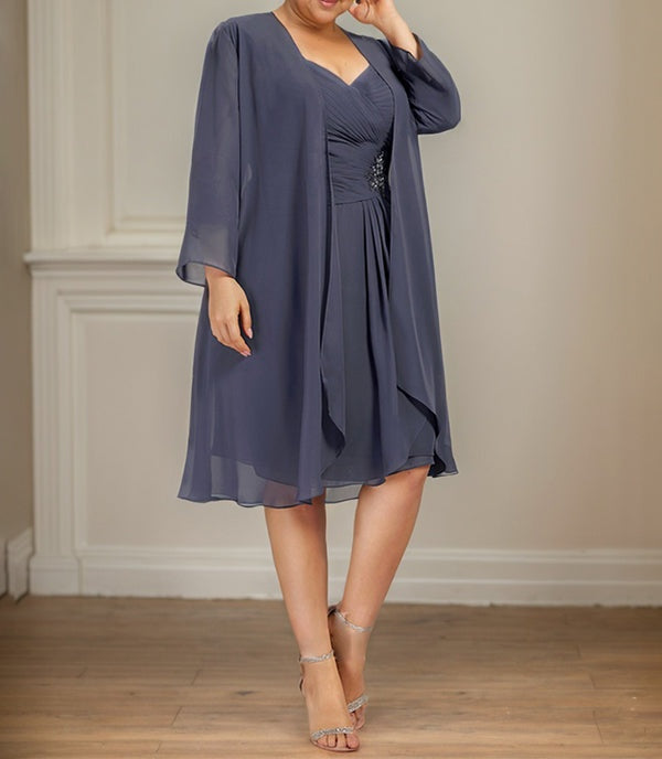 Sheath/Column Sweetheart Knee-Length Chiffon Mother of the Bride Dress With Beading Appliques Lace Sequins Pleated