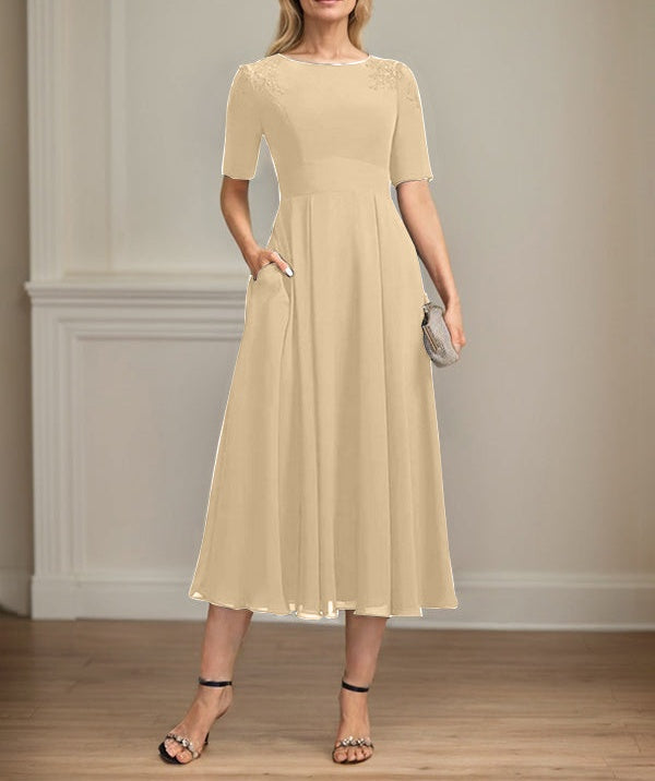 A-line Scoop Tea-Length Chiffon Mother of the Bride Dress With Appliques Lace Sequins