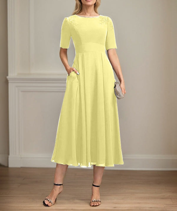 A-line Scoop Tea-Length Chiffon Mother of the Bride Dress With Appliques Lace Sequins