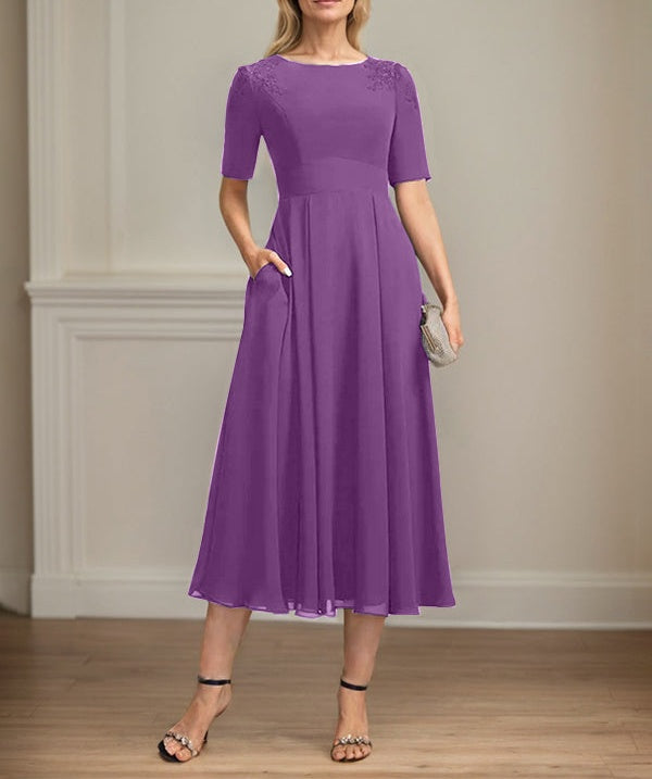 A-line Scoop Tea-Length Chiffon Mother of the Bride Dress With Appliques Lace Sequins