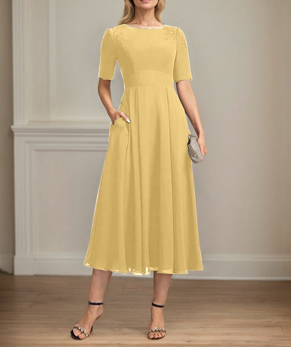 A-line Scoop Tea-Length Chiffon Mother of the Bride Dress With Appliques Lace Sequins
