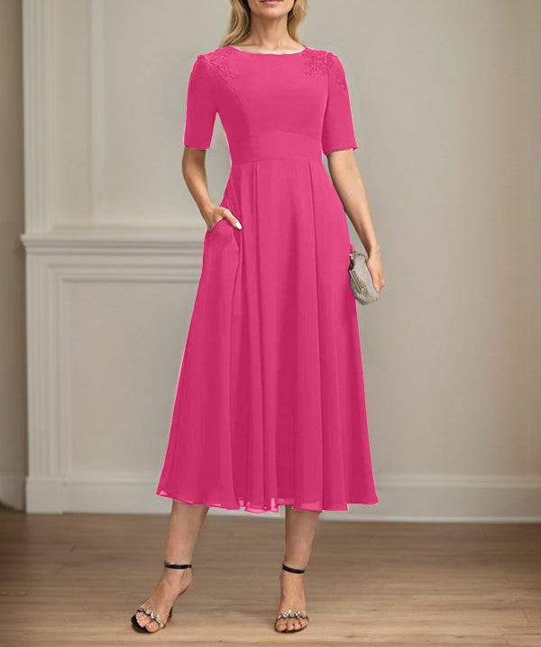 A-line Scoop Tea-Length Chiffon Mother of the Bride Dress With Appliques Lace Sequins