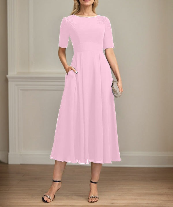 A-line Scoop Tea-Length Chiffon Mother of the Bride Dress With Appliques Lace Sequins