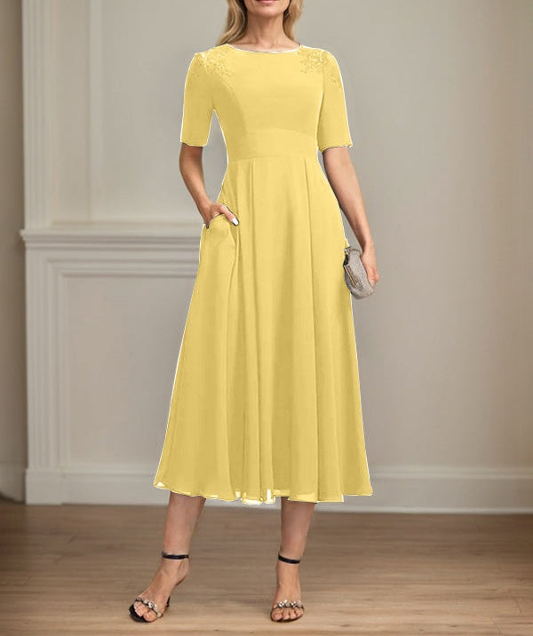 A-line Scoop Tea-Length Chiffon Mother of the Bride Dress With Appliques Lace Sequins