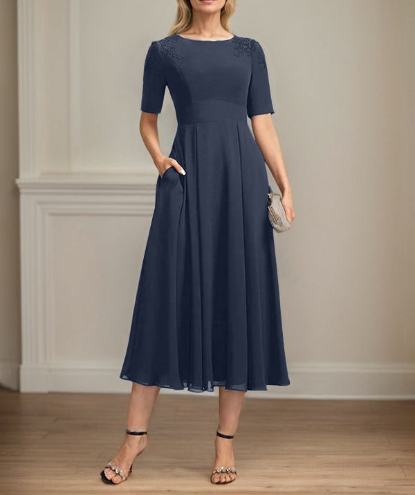 A-line Scoop Tea-Length Chiffon Mother of the Bride Dress With Appliques Lace Sequins