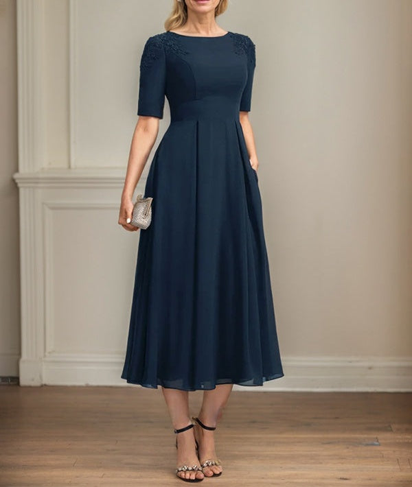A-line Scoop Tea-Length Chiffon Mother of the Bride Dress With Appliques Lace Sequins