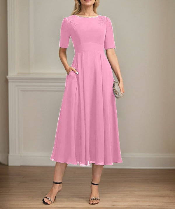 A-line Scoop Tea-Length Chiffon Mother of the Bride Dress With Appliques Lace Sequins