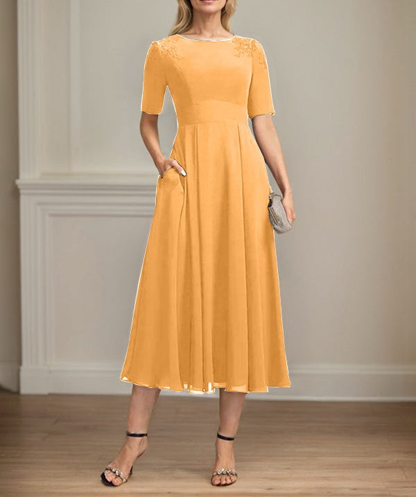 A-line Scoop Tea-Length Chiffon Mother of the Bride Dress With Appliques Lace Sequins