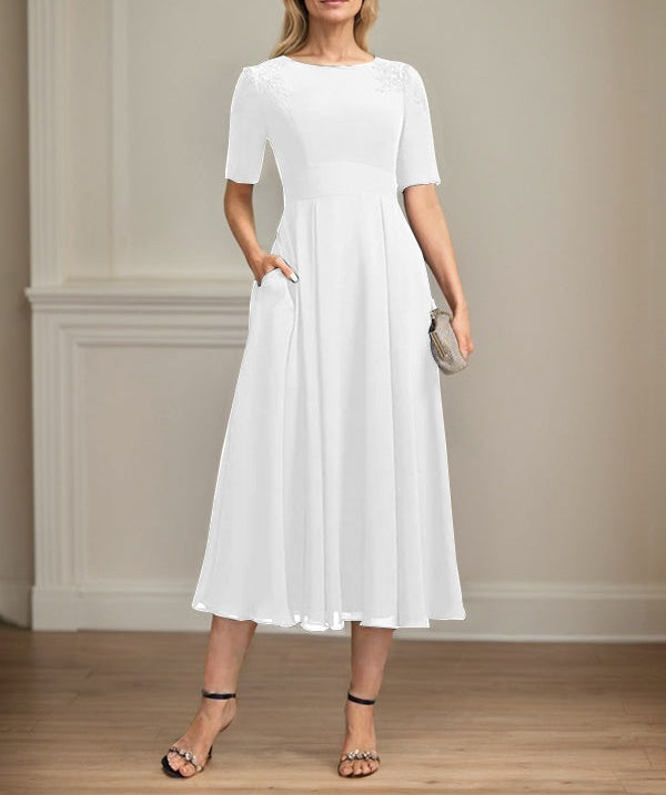 A-line Scoop Tea-Length Chiffon Mother of the Bride Dress With Appliques Lace Sequins