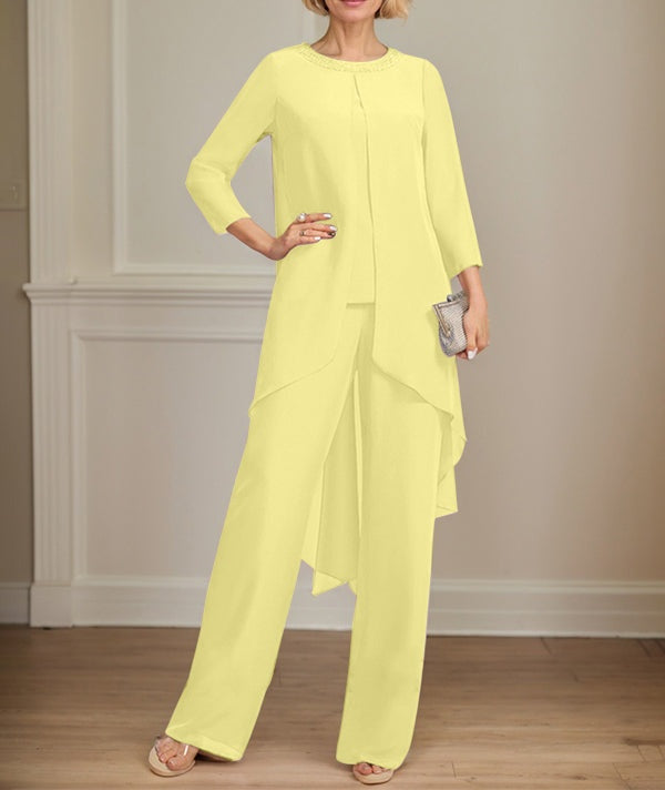 Separates Jumpsuit/Pantsuit Scoop Floor-Length Chiffon Mother of the Bride Dress With Sequins Beading