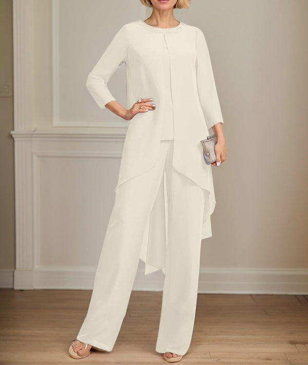 Separates Jumpsuit/Pantsuit Scoop Floor-Length Chiffon Mother of the Bride Dress With Sequins Beading