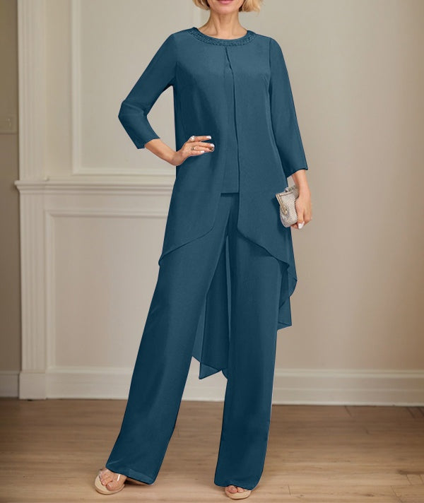 Separates Jumpsuit/Pantsuit Scoop Floor-Length Chiffon Mother of the Bride Dress With Sequins Beading