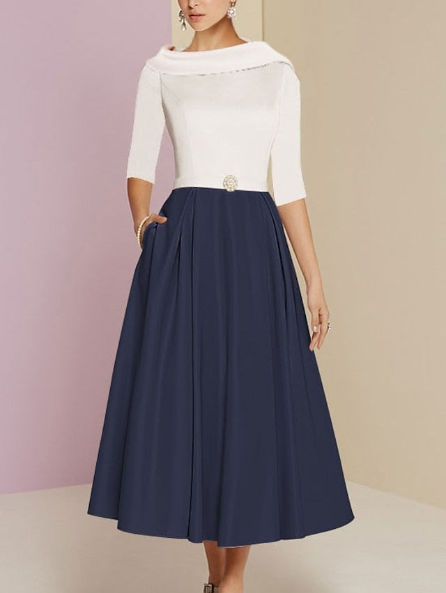 A-Line/Princess Jewel Neck Half Sleeve Tea Length Mother of the Bride Dresses with Pockets Pleats