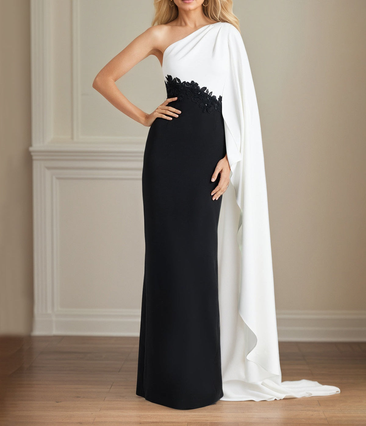 Black Stretch Crepe Sheath/Column One Shoulder Floor Length Mother of the Bride Dresses