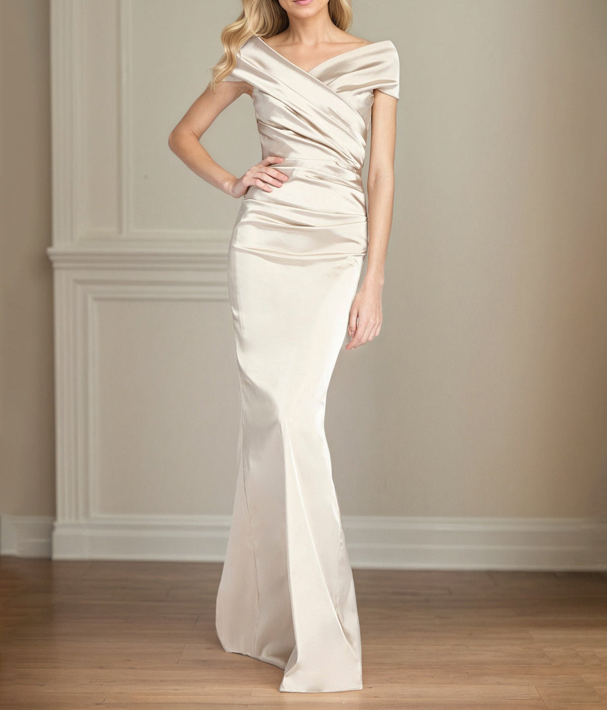 Champagne Satin Sheath/Column Off The Shoulder Floor Length Mother of the Bride Dresses