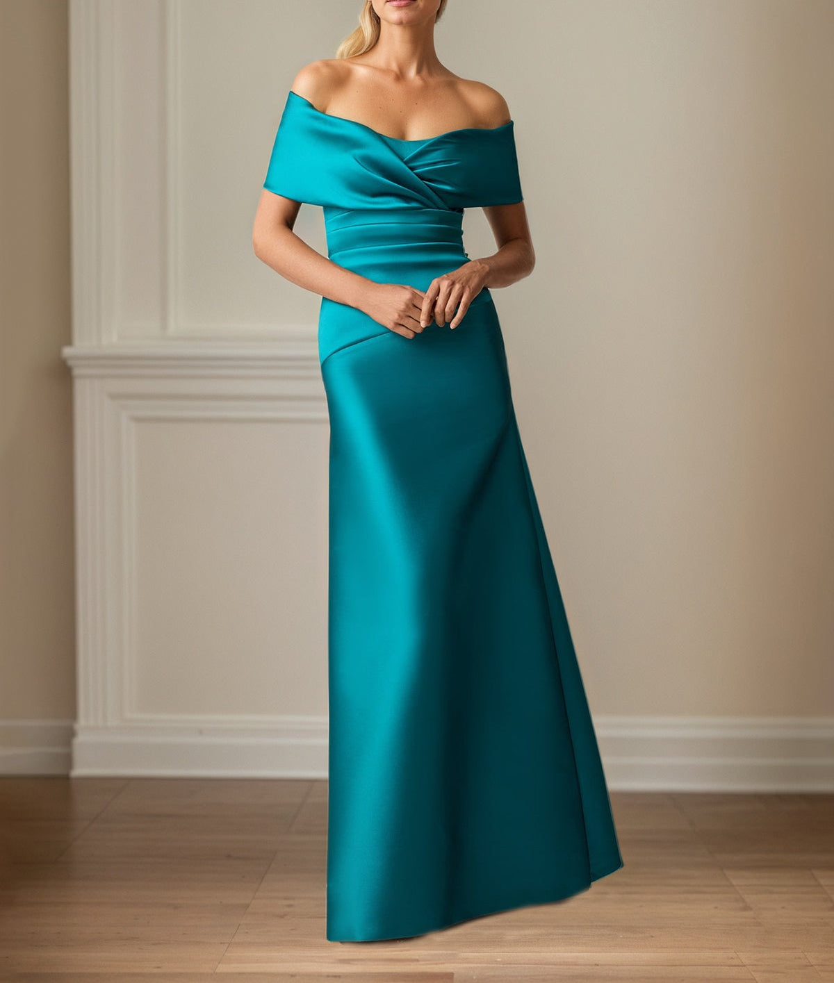 Teal Satin Sheath/Column Off The Shoulder Sleeveless Floor Length Mother of the Bride Dresses