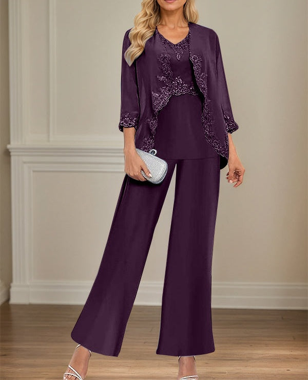 Elegant Simple Scoop Neck Floor Length Mother of the Bride Pantsuit Wedding Guest Dress