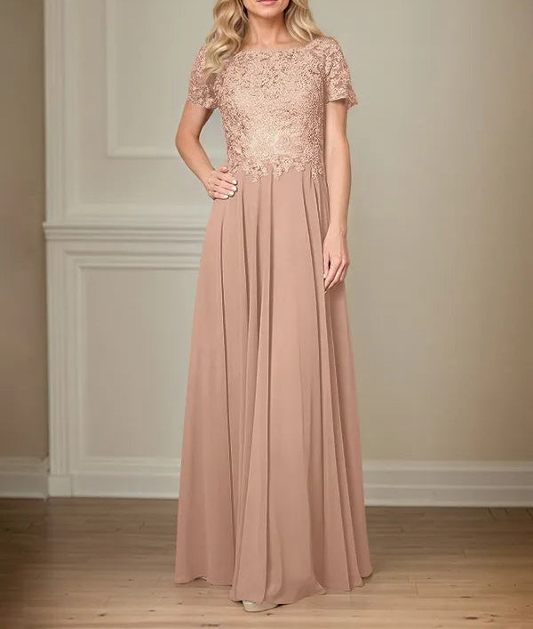 A Line Chiffon Boat Neck Short Sleeves Floor Length Pleated Mother of the Bride Dresses