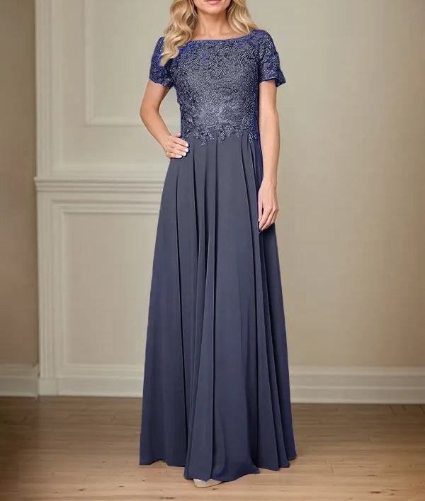 A Line Chiffon Boat Neck Short Sleeves Floor Length Pleated Mother of the Bride Dresses
