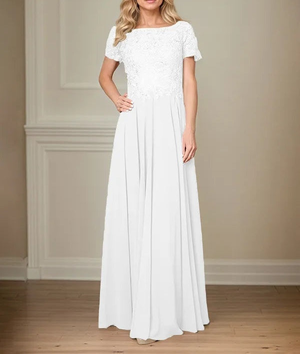 A Line Chiffon Boat Neck Short Sleeves Floor Length Pleated Mother of the Bride Dresses