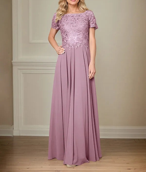 A Line Chiffon Boat Neck Short Sleeves Floor Length Pleated Mother of the Bride Dresses