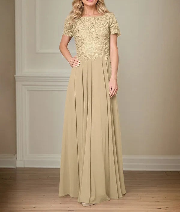 A Line Chiffon Boat Neck Short Sleeves Floor Length Pleated Mother of the Bride Dresses