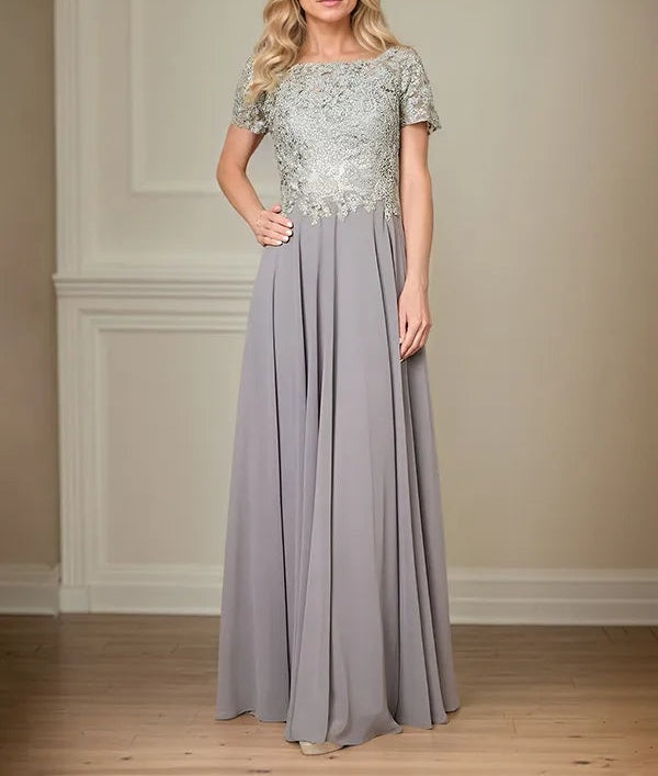 A Line Chiffon Boat Neck Short Sleeves Floor Length Pleated Mother of the Bride Dresses