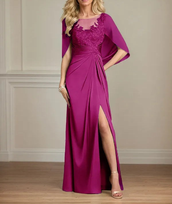 Sheath/Column Satin Scoop Neck Cap Sleeves Floor Length Mother Of The Bride Dresses