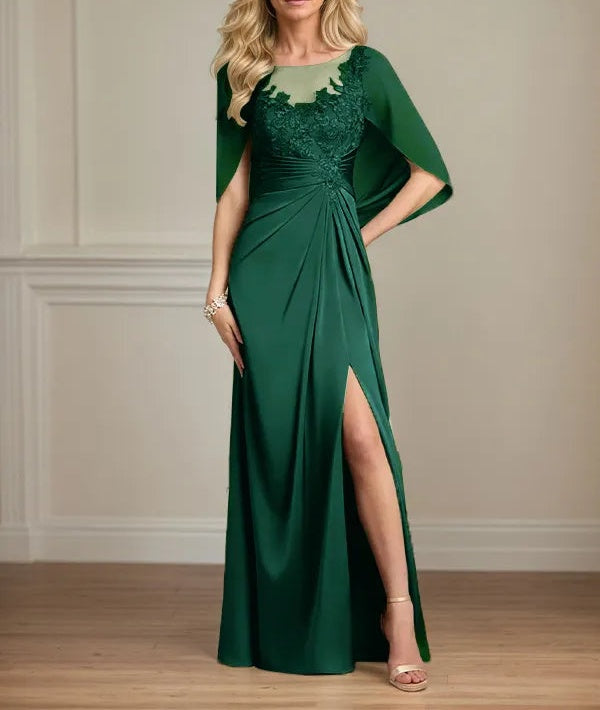 Sheath/Column Satin Scoop Neck Cap Sleeves Floor Length Mother Of The Bride Dresses