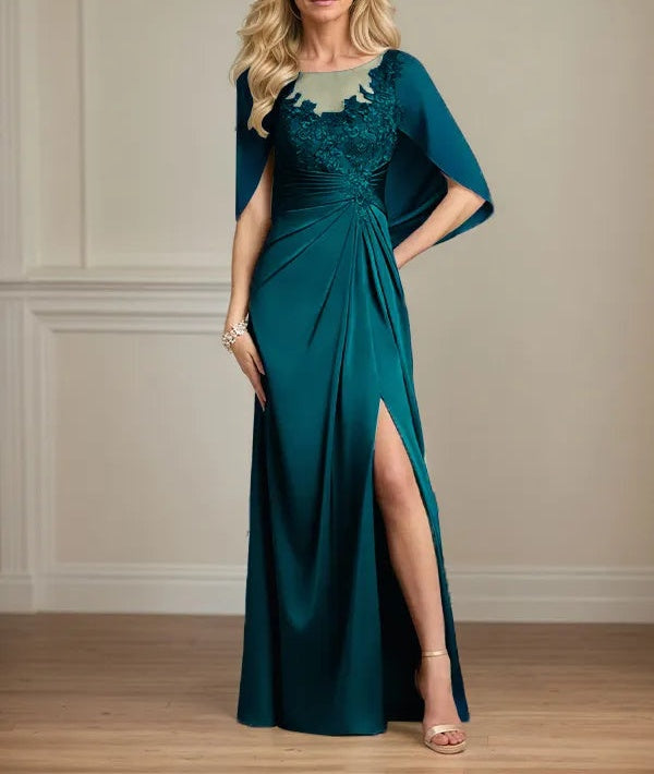 Sheath/Column Satin Scoop Neck Cap Sleeves Floor Length Mother Of The Bride Dresses