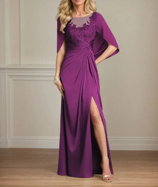 Sheath/Column Satin Scoop Neck Cap Sleeves Floor Length Mother Of The Bride Dresses