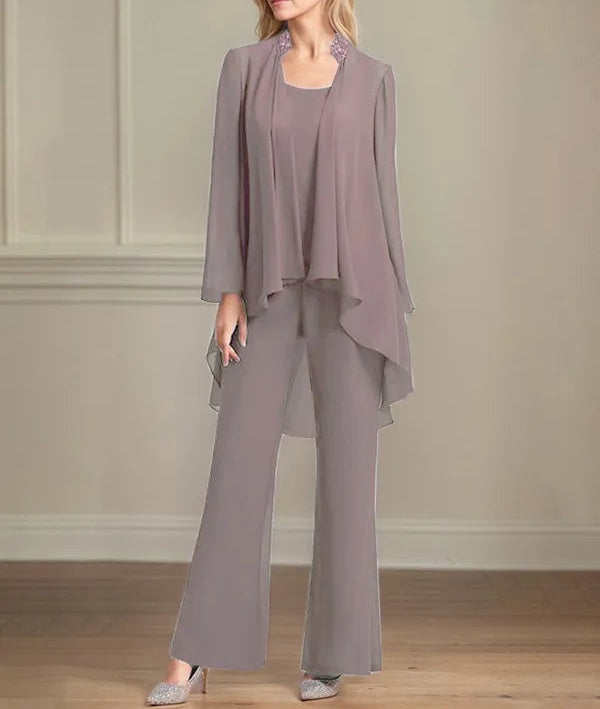 Chiffon Scoop Neck Long Sleeves Floor Length Mother Of The Bride Pantsuits
