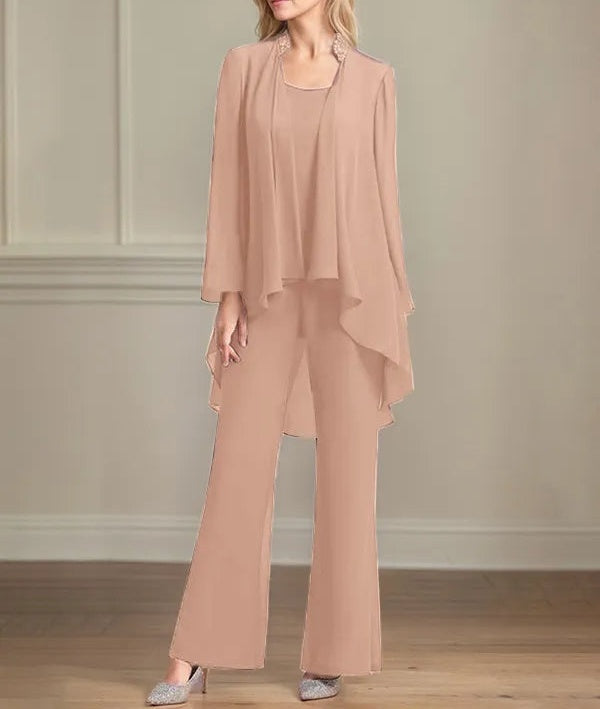 Chiffon Scoop Neck Long Sleeves Floor Length Mother Of The Bride Pantsuits