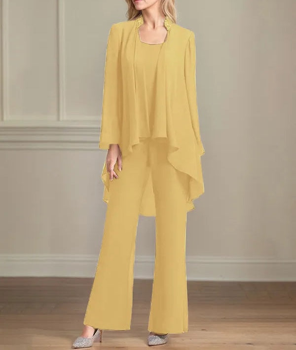 Chiffon Scoop Neck Long Sleeves Floor Length Mother Of The Bride Pantsuits