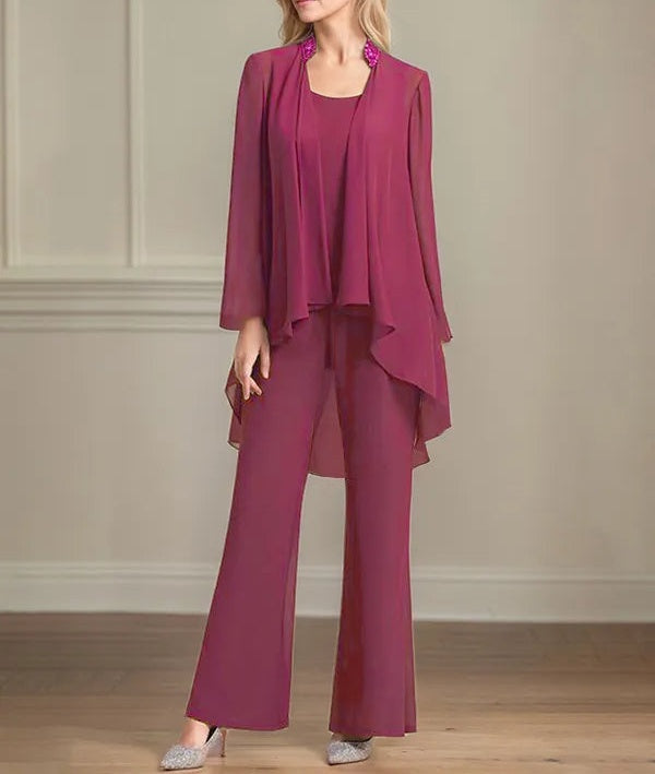 Chiffon Scoop Neck Long Sleeves Floor Length Mother Of The Bride Pantsuits