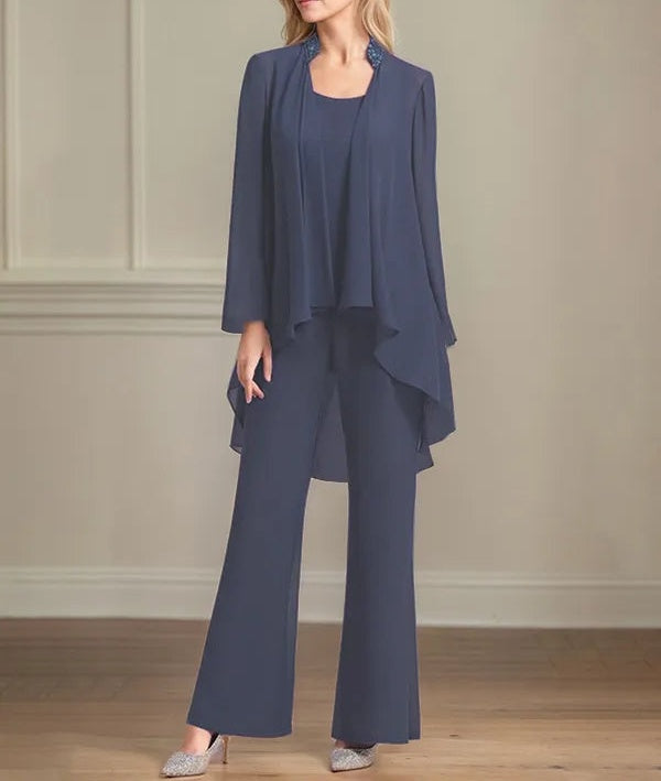 Chiffon Scoop Neck Long Sleeves Floor Length Mother Of The Bride Pantsuits