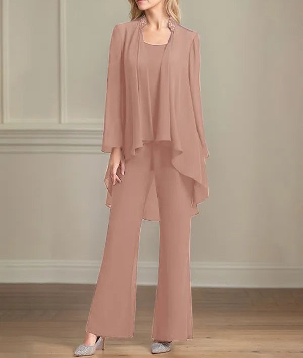 Chiffon Scoop Neck Long Sleeves Floor Length Mother Of The Bride Pantsuits