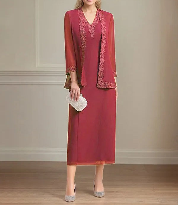 Sheath/Column Chiffon V Neck 3/4 Sleeves Tea Length Mother Of The Bride Dress