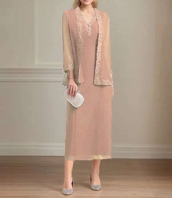 Sheath/Column Chiffon V Neck 3/4 Sleeves Tea Length Mother Of The Bride Dress