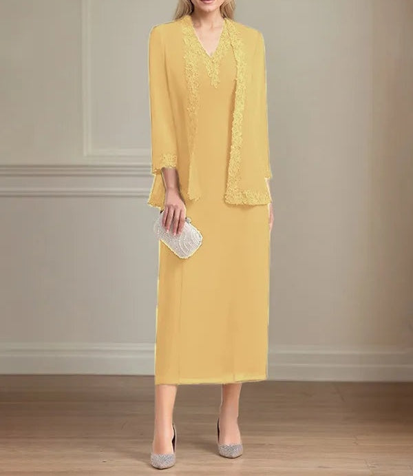 Sheath/Column Chiffon V Neck 3/4 Sleeves Tea Length Mother Of The Bride Dress
