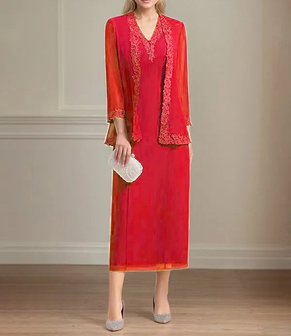 Sheath/Column Chiffon V Neck 3/4 Sleeves Tea Length Mother Of The Bride Dress
