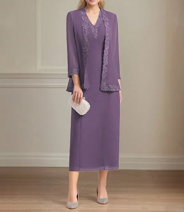 Sheath/Column Chiffon V Neck 3/4 Sleeves Tea Length Mother Of The Bride Dress