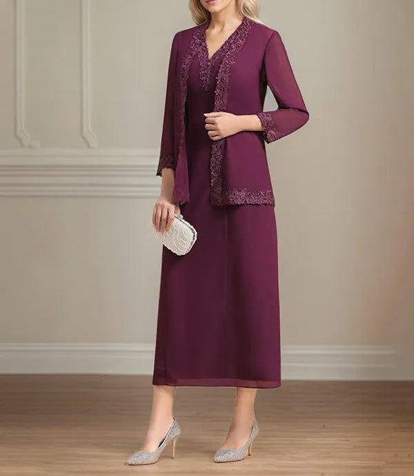 Sheath/Column Chiffon V Neck 3/4 Sleeves Tea Length Mother Of The Bride Dress